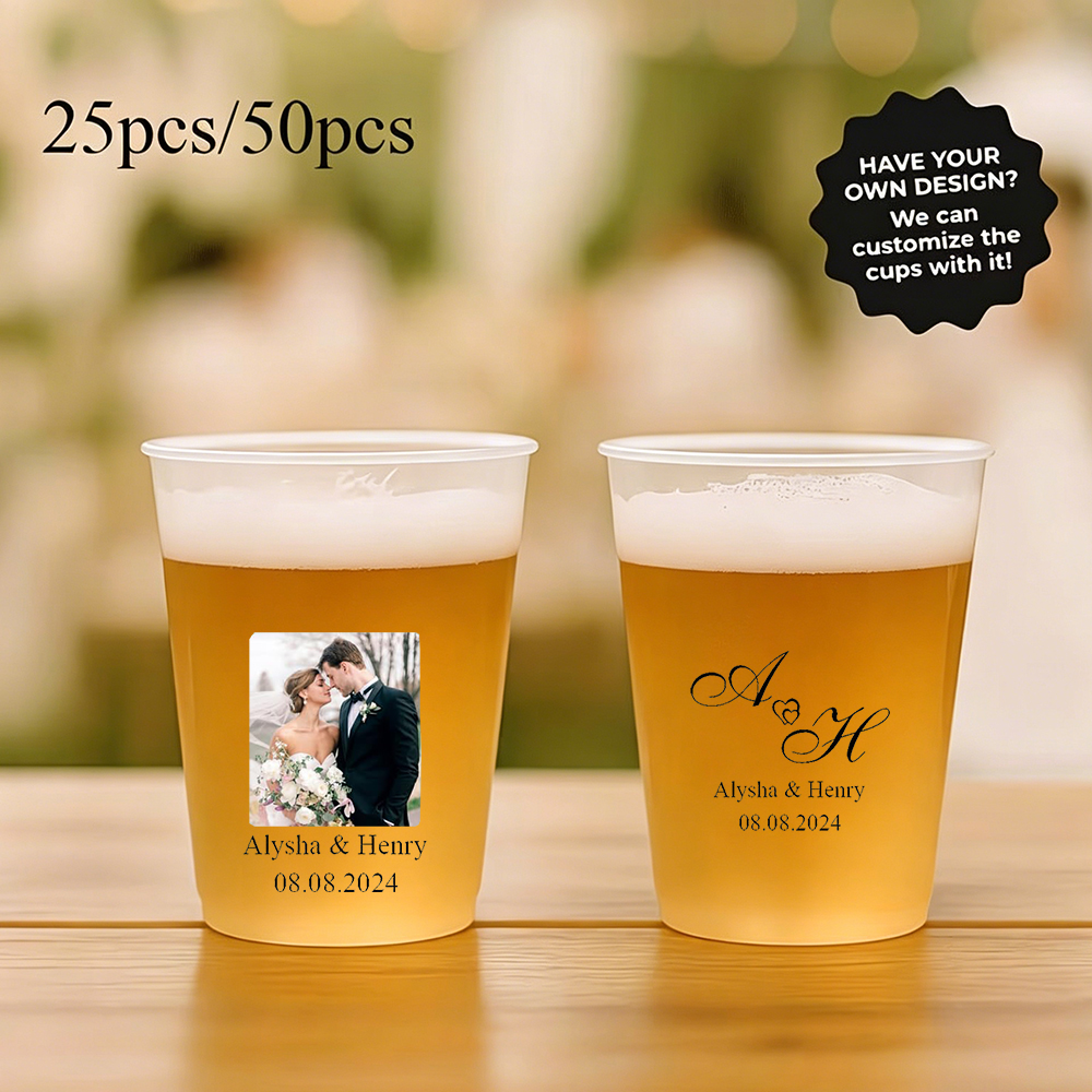 Wine In Beer Name - Custom Photo Name Wedding Plastic Cups
